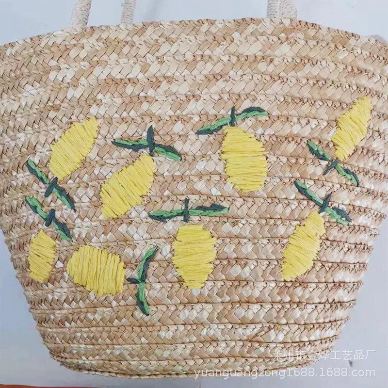 Sac à Main Capelli Straworld - Citron Vert, Paille Et Fleurs - Poignée En Bois - Occasion
