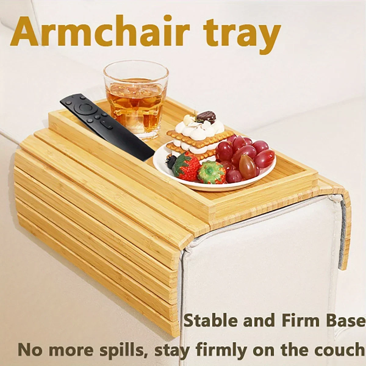 Sofa Armrest Tray Collapsible Bamboo Sofa Armrest Table, Non-slip Tray with Cup Holder, Snack Side Table