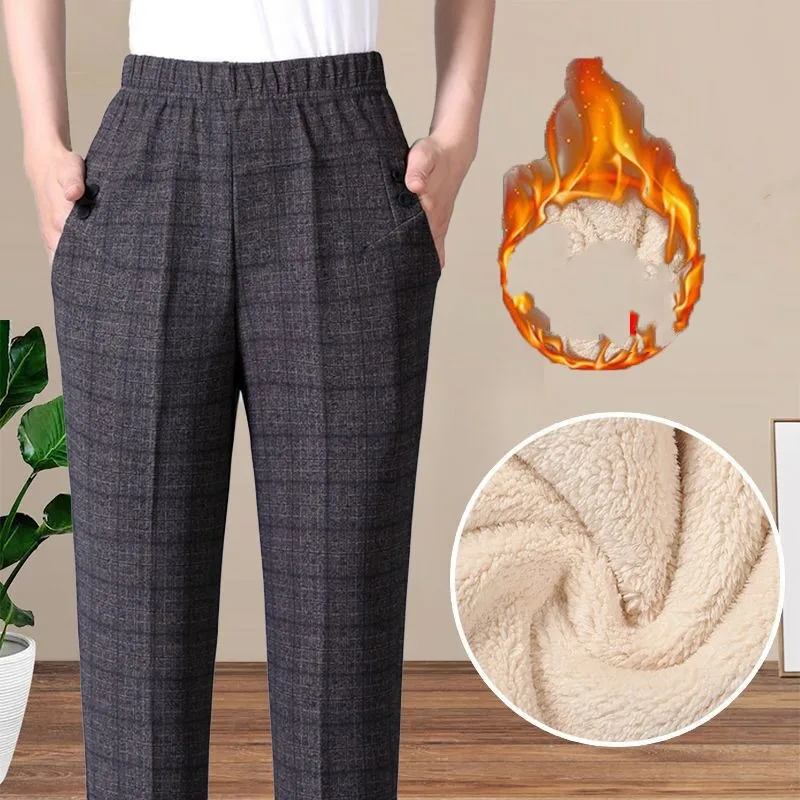 Women's Autumn and Winter New Fashion Elegant Stripe Plaid Elastic Waist Casual Long Loose Straight Tube Plush Thickened Pants
