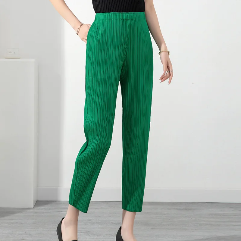 

Elegant Solid Color Pleated Harem Pants for Women Elastic High Waist Ankle Length Trousers Casual Loose Pants Ladies Summer 2023