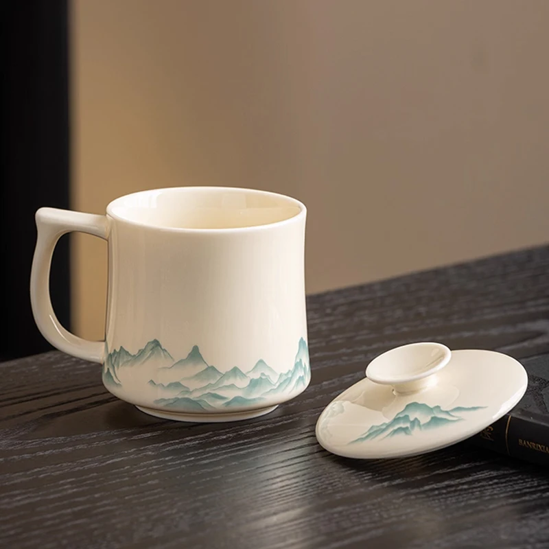 Chinese Style Ceramic With Cover White Porcelain Personal Tea Mugs, Personal Creative Pattern, Milk Water Coffee Cup, 370ml, 1Pc