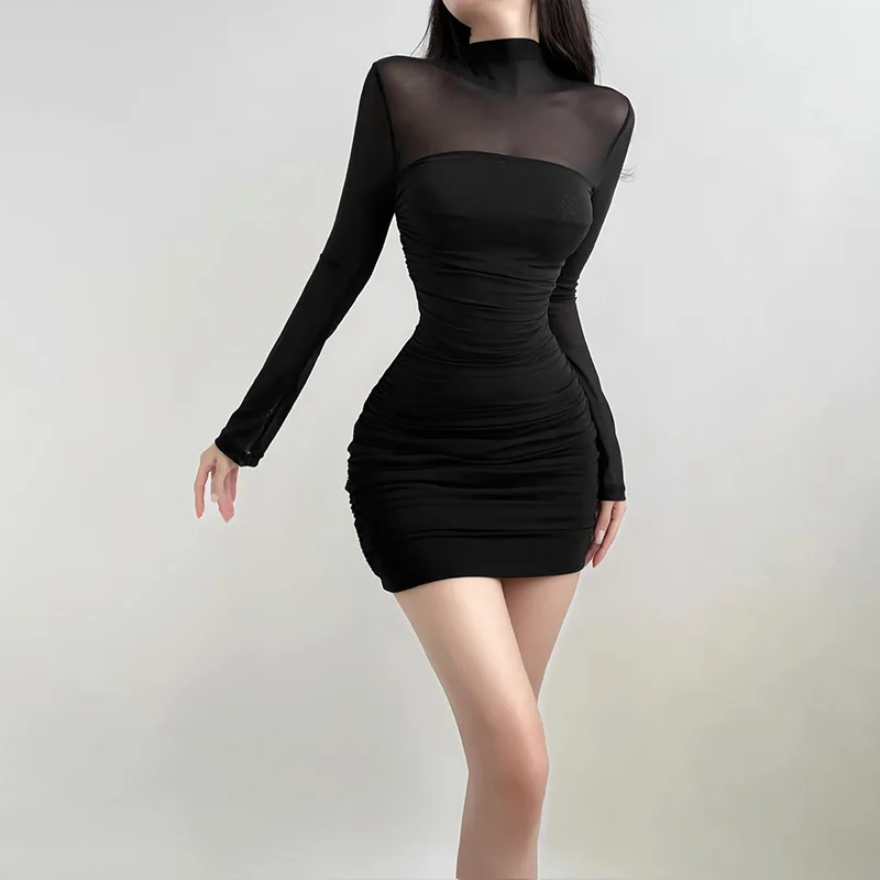 See Through Black Bodycon Dress For Womer Clothing Slim Sexy Streetwear Long Sleeve Vestidos De Mujer Patchwork Fashion Outfits 4