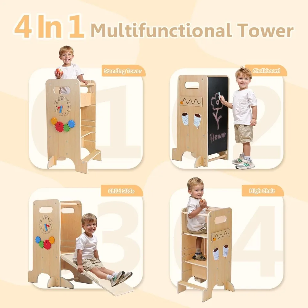 4-in-1 Toddler Tower with Slide, Adjustable Height, Montessori Games & Chalkboard - Safe Kitchen Helper