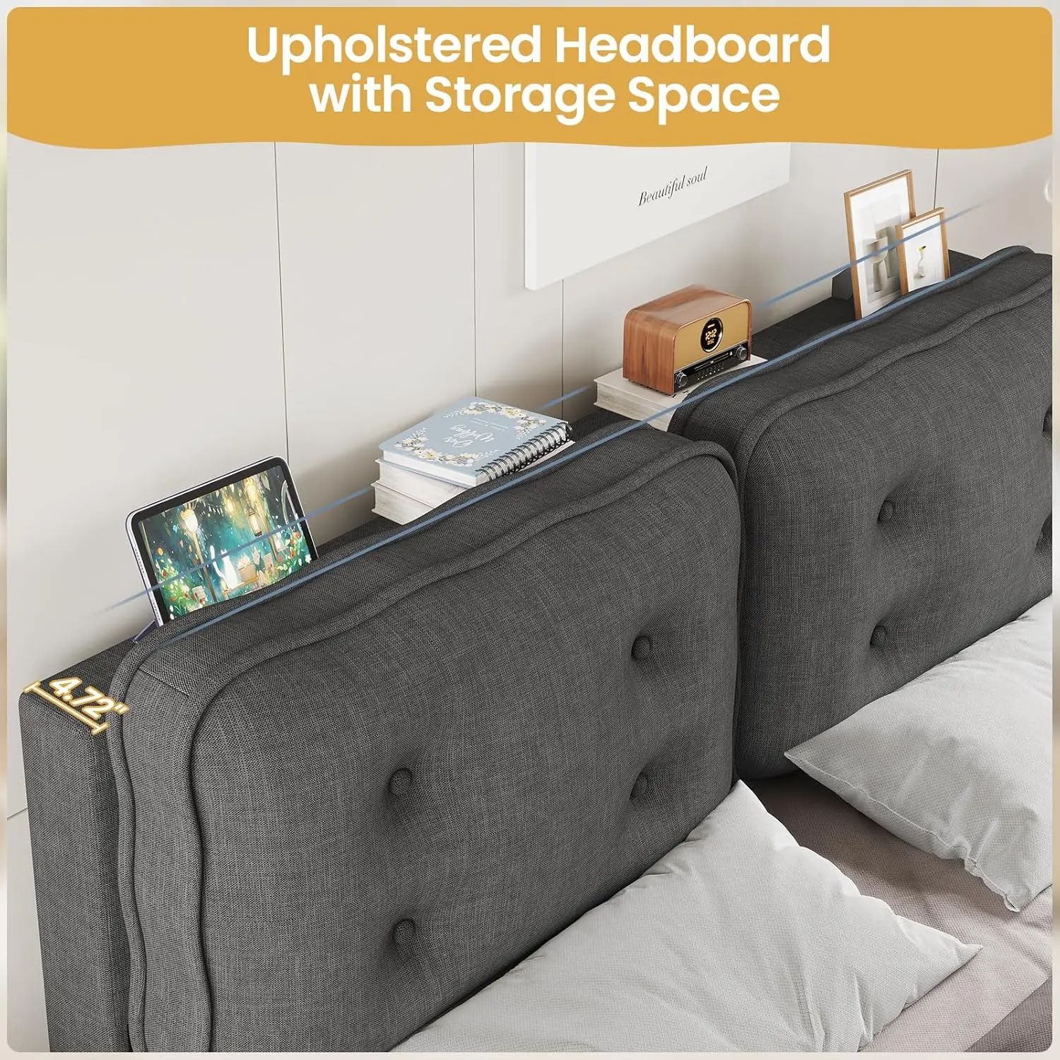 King Size Upholstered Headboard with Storage Linen Tufted King Size Headboard Only Modern Biscuit Shape with Ad
