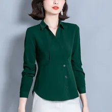 

Chiffon Women Shirts Waist V-neck Sexy Shirt Button Long-sleeved Blouse Solid Elegant Womens Tops and Blouses OL Female Clothing