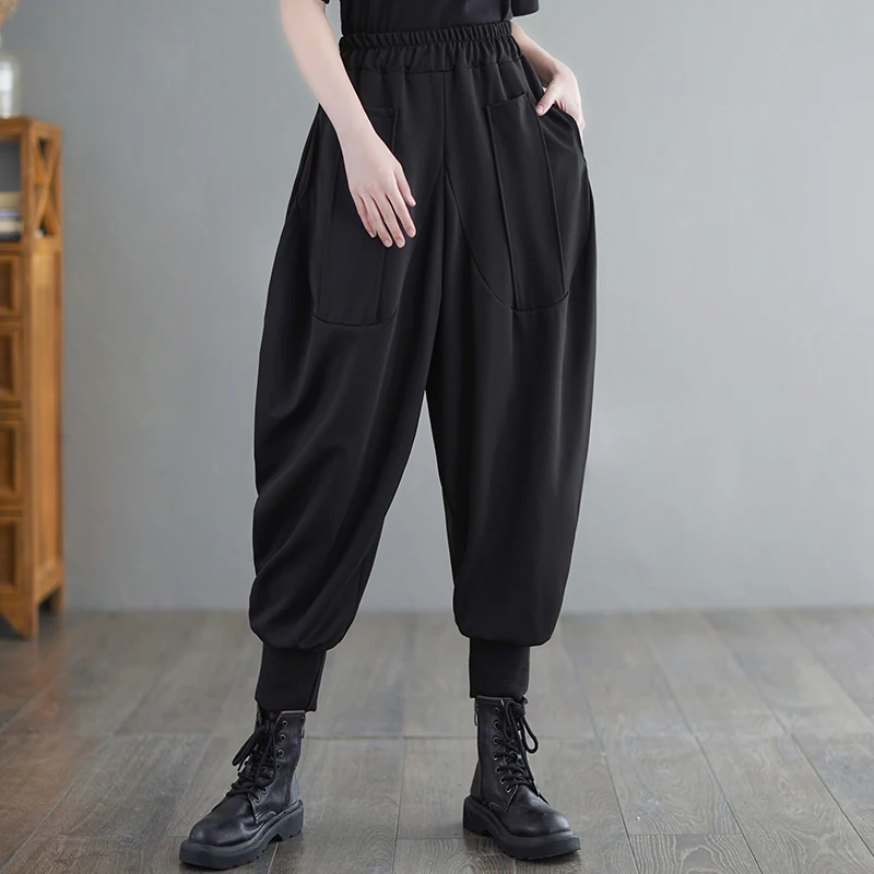 

European American Style Dark Black Chic Girls Streetwear Fashion Autumn Casual Cross-pants High Waist Women Wide Leg Harem Pants