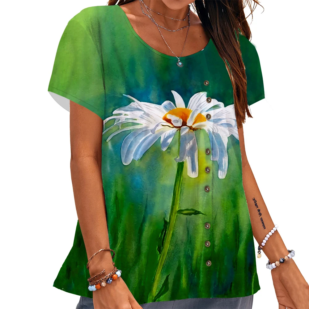 

CLOOCL Fashion Women T-shirt Beautiful White Daisy Pattern 3D Printed Tees Button Decorate Loose Short Sleeve Female Cozy Tops