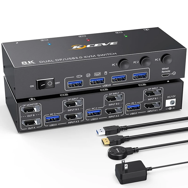 Switch Kvm Dp Dual Monitor Con Usb 3.0 E Displayport, Supporta 2 Monitor, 3 Computer, Risoluzione 8K @ 30Hz/4K @ 144Hz