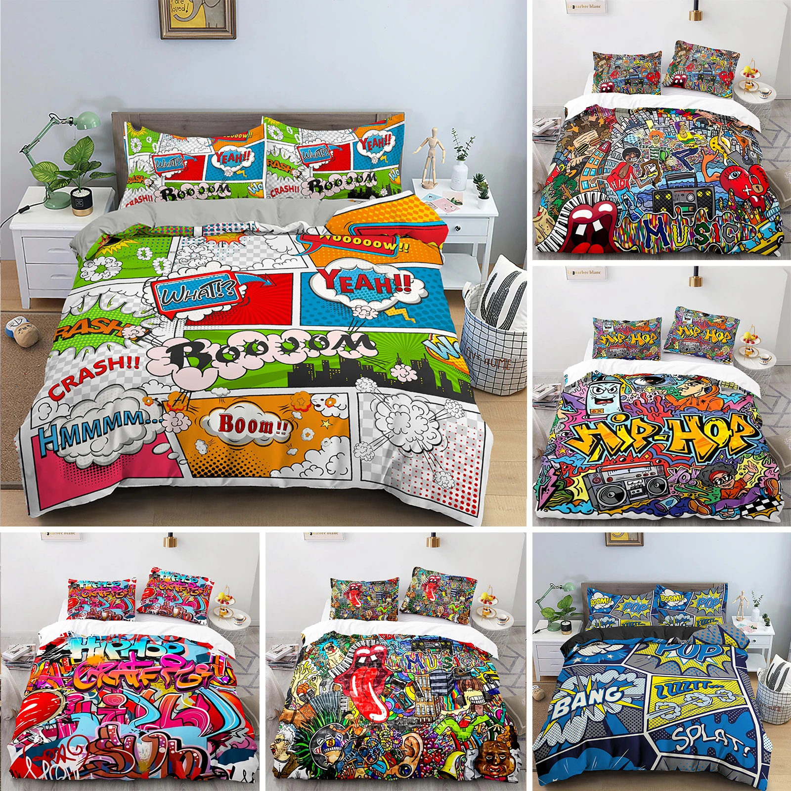 

Color Comic Pattern Duvet Cover Queen King Cartoon Bedding Set for Kids Boys Girls Hippie Hip Hop Rock Style Comforter Cover