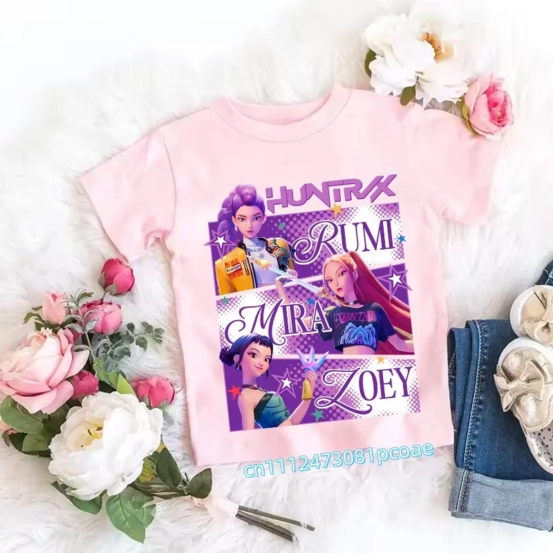 Children's Anime-Inspired Demon Hunters T-Shirt - K-pop Cartoon Pattern, Casual Girls' Top, Gift Option