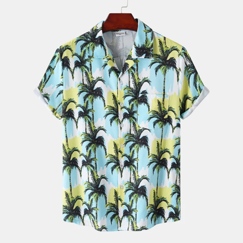 Casual Short Sleeved Shirt Hawaiian Shirt Short Sleeved Shirt Button Down Shirt Hawaiian Men's Shirt Beach Coconut Tree Print Short Sleeve Men's Clothes Fashion Lapel Button Top T-shirt