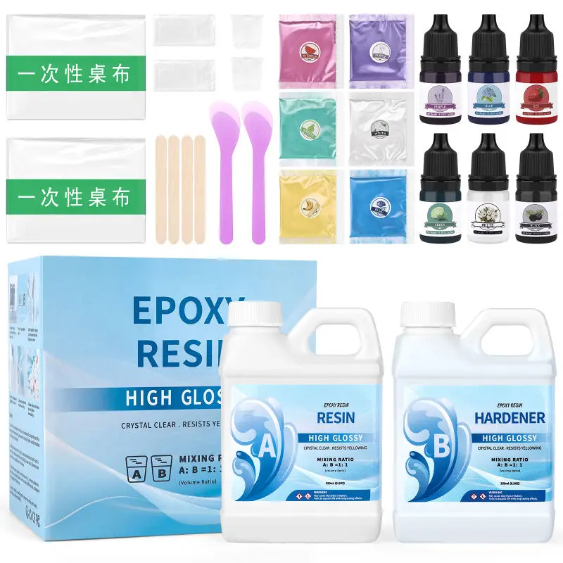ชุดกาวอีพ็อกซีเรซิน1:1 AB/1000มล. ตัวแข็งติดกาวสูงต่างหูเครื่องประดับทำแม่พิมพ์เรซินใสแบบ DIY 1