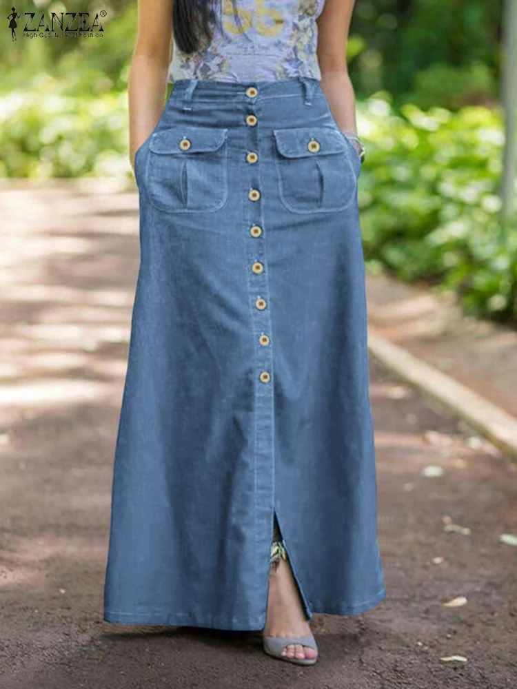 

ZANZEA Women Denim Blue Maxi Skirt Vintage Skirts 2024 Summer Casual Solid Holiday Bottoms Lady A-line Button Up Skirt Oversized