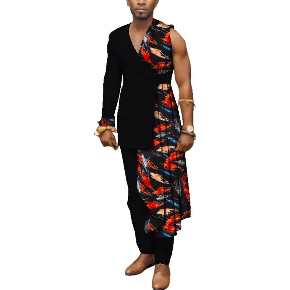 Men Bazin Riche Patchwork One-Shoulder Top and Pants Cotton 2 Pieces Pants Sets Special Mens African Clothing WYN497