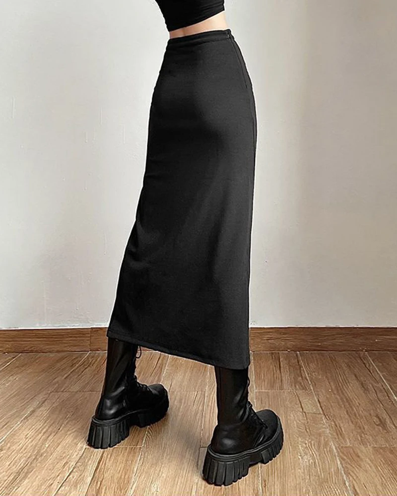 Y2K Black Sexy Split midi Skirts summer Casual Korean Slim a line skirts Gothic high waist streetwear All Match skirts