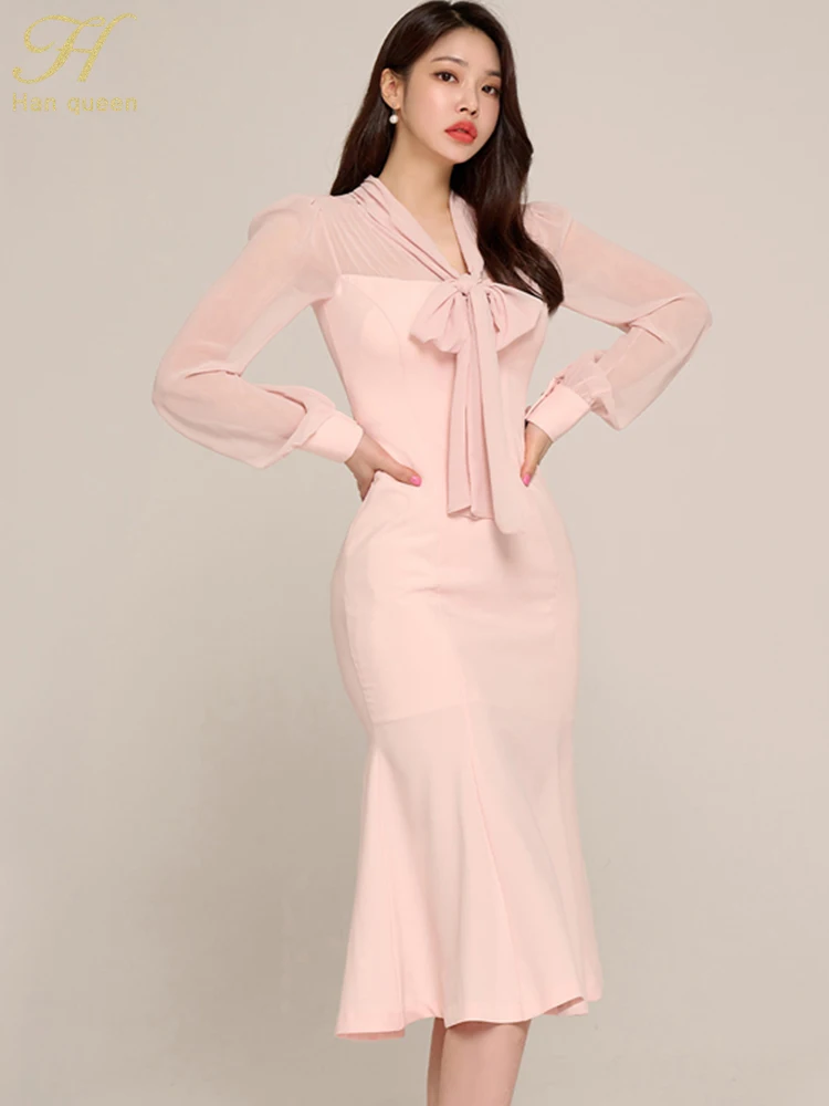 Autumn V-Neck Lace-Up Bow Mermaids Dress - DressExpresses