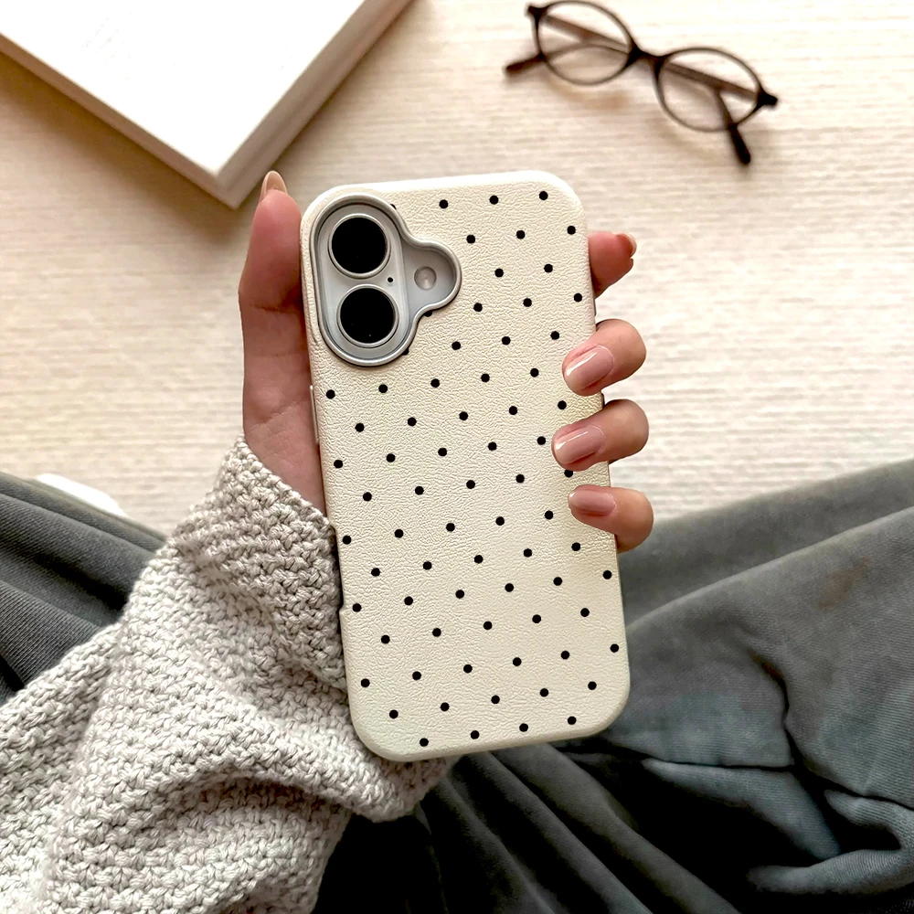 Chic Polka Dot Leather Texture Phone Case with Korean Design