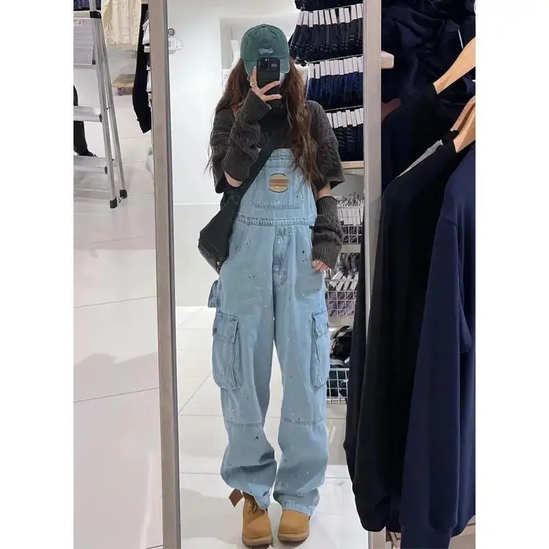 American Retro Denim Overalls Women's Early Spring Small Loose Wide-Leg Pants Design Niche Straight Mopping Pants