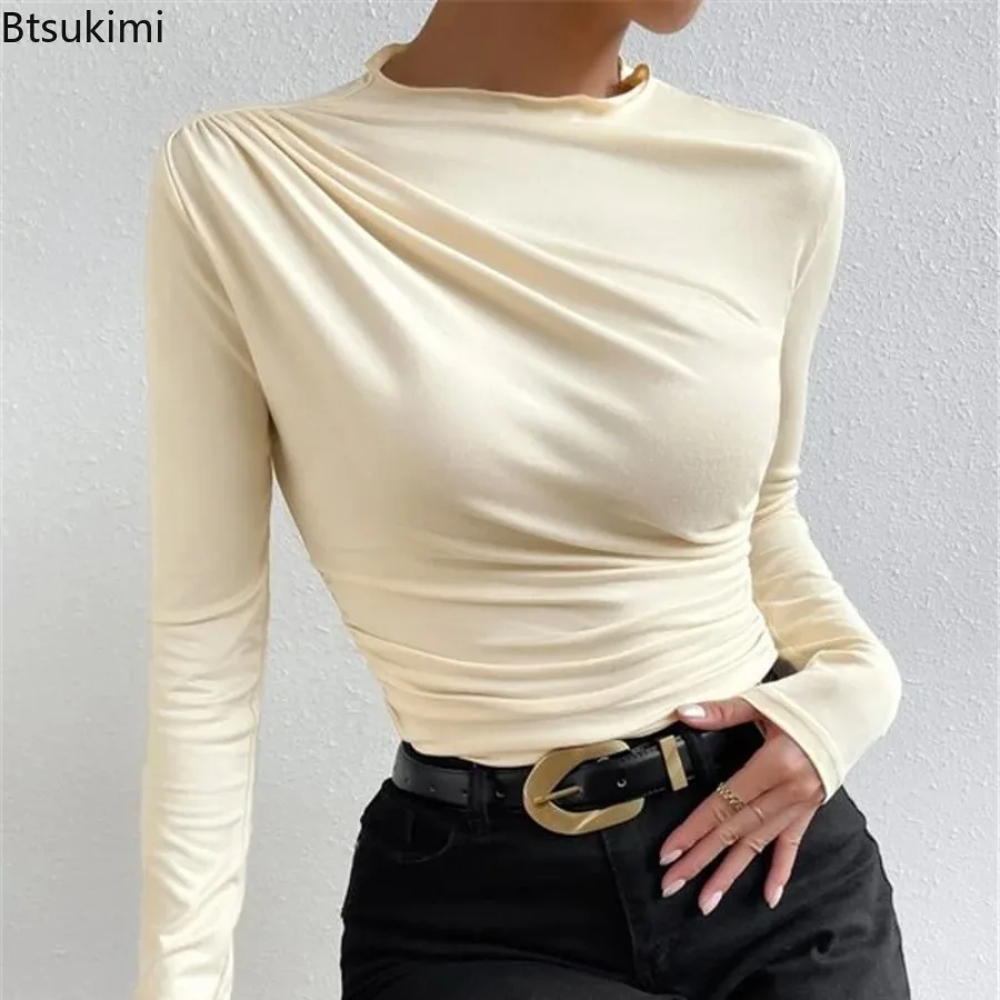 

New 2024 Women's Solid Slim Bottoming Tops Fashion Folds Design Long Sleeve O-neck Pullovers Females Classic Versatile T-shirts