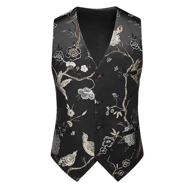 Men Suit Vest Coat Roses Pattern Bright Jacquard Fabric Party Luxury Design Causal Fashion Slim Fit Men Suit Vest Coat