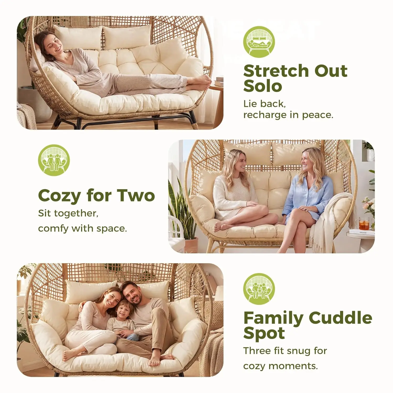 Oversized Double Egg Loveseat 680lb Wicker Rattan Cushioned Patio Balcony Garden Indoor Customized