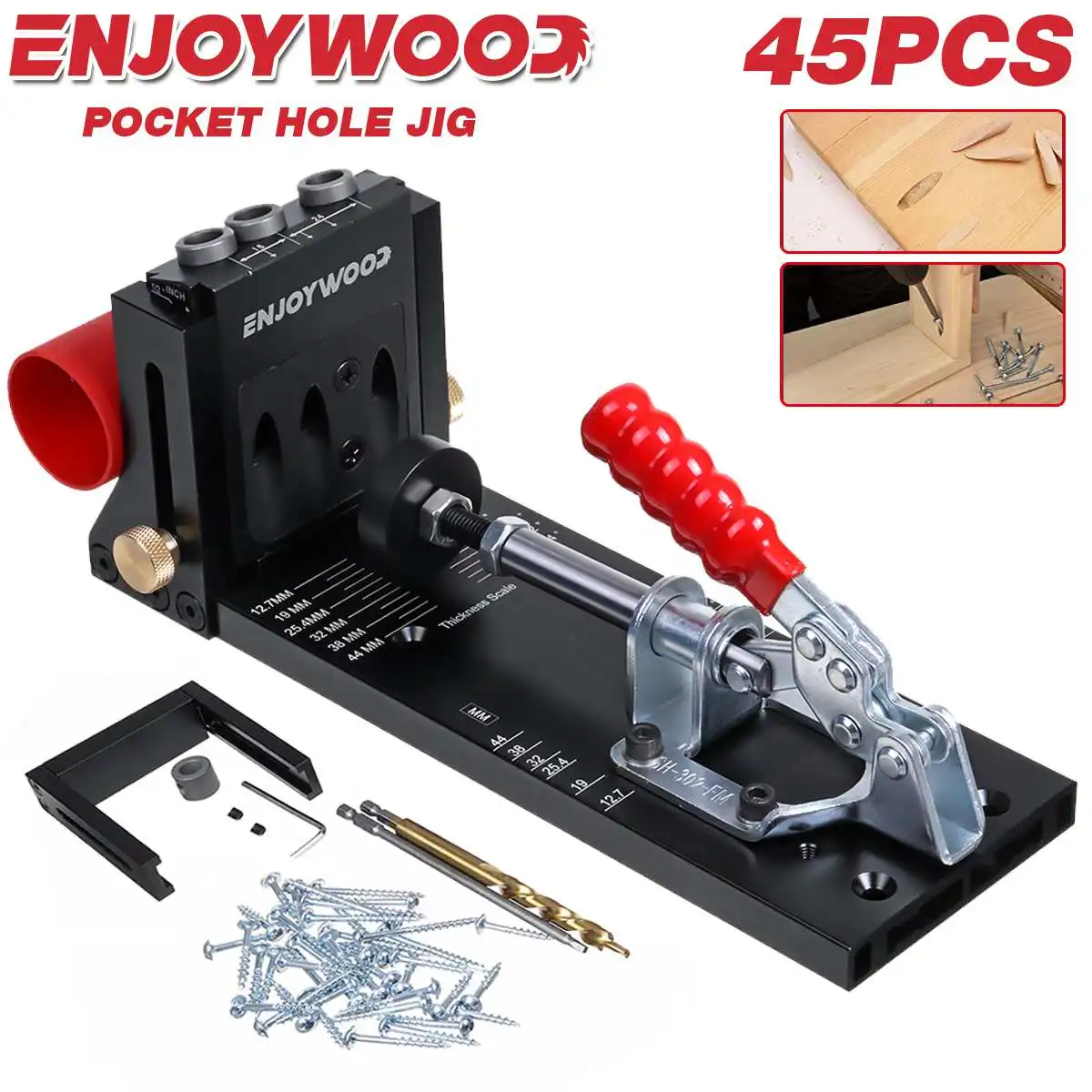 ENJOYWOOD 45Pcs 3-Hole 9.5mm Pocket Hole Jig Kit Aluminum Alloy Adjustable Woodworking Drilling Guide For Angled Holes Drill Bit