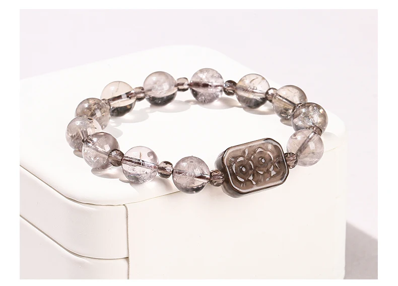 JD Natürliche Astrist Rauchquarz Eis Obsidian Blume Rechteckige Design Armband Frauen Gute Glück Stretch Armreifen Balance Schmuck – Detail 9