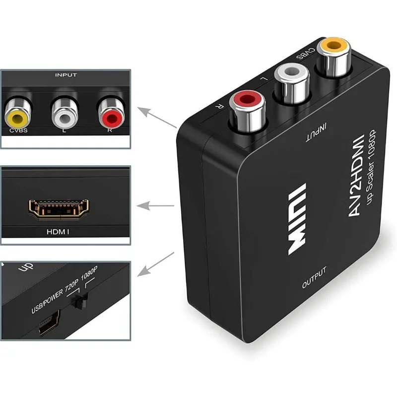 TABLLYUGE 1080P HDMI 호환 AV RCA 변환기 박스 HDMI2AV 어댑터(USB 케이블 포함) PC HDTV 프로젝터용 NTSC PAL 지원