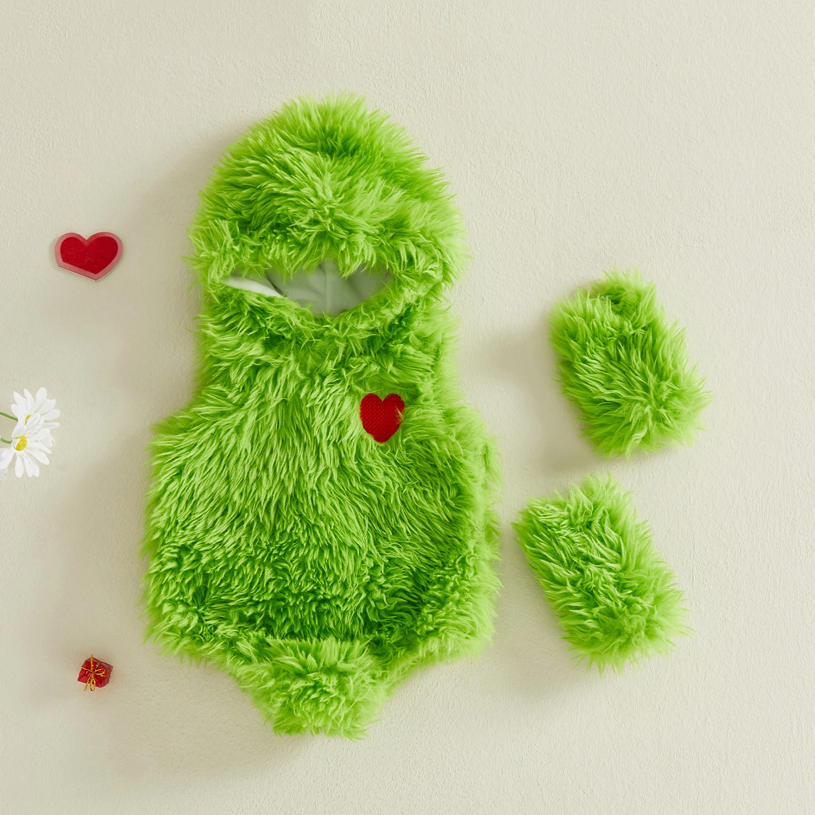 Toddler Girls Winter  Red Long Sleeve Fleece Hooded Romper with Matching Booties and Headband Set