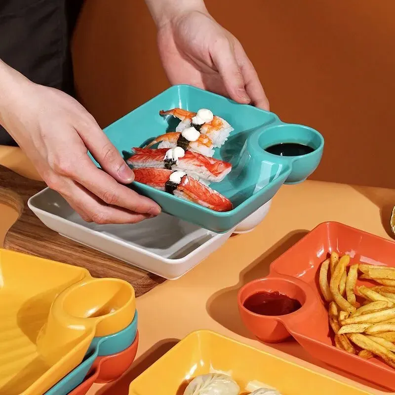 Snack Dish Multi-purpose French Fries Ketchup Holder Dumpling Plate With Vinegar Plate 2-Grid Spices Dish Dumplings Dessert