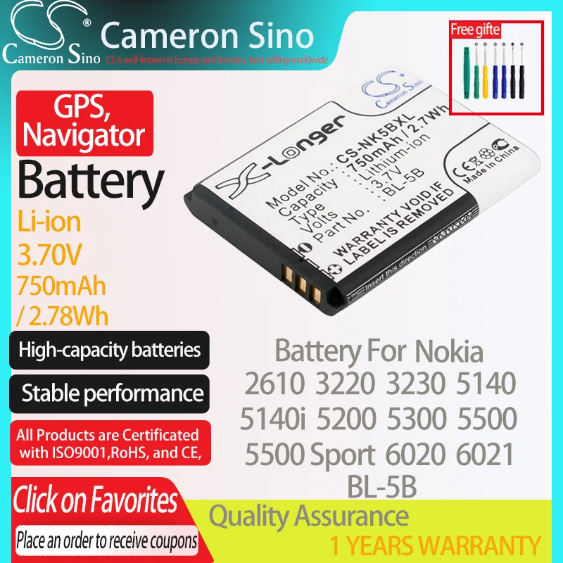 Cameronsino Batteria Per Nokia 2610 3220 3230 5140 5140I 5200 5300 5500 5500 Di Sport 6020 Adatto A Nokia Bl-5B Gps, Navigatore Batteria