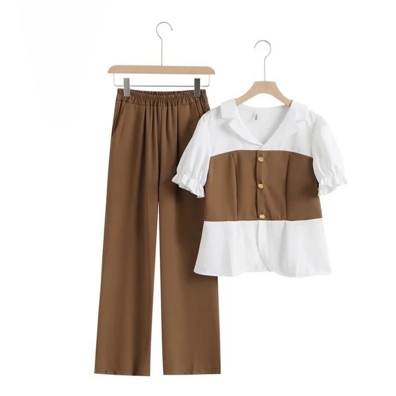 Fashionable Women's Summer New Design with a Sense of Niche, Western-style Splicing, Fake Two-piece Shirt and Pants Set