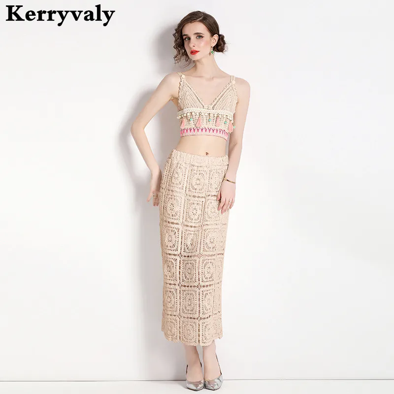 Bohemian Hook Flower Embroidery Hollowed-out V-neck Short Sling Sexy Top+hip Wrap Skirt Two-piece Set  костюм женский K3143