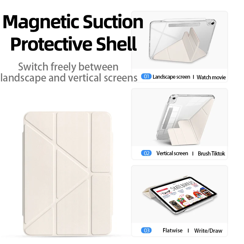 Transparent Magnetic Detachable Case with Multi-Angle Stand and Auto Wake/Sleep Functionality