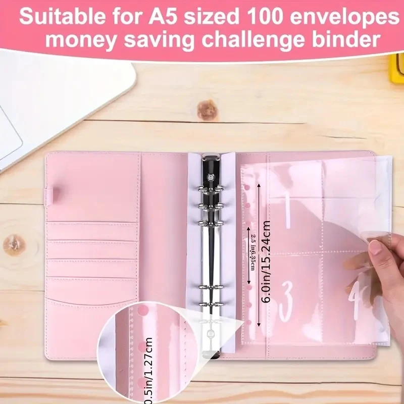 A5 Ring Adhesive Insertion Replacement Envelopes Save Money Challenge Pre-marked 1-100 Money Bag Cash Filler 25 Sheets Of 100 cash envelopes