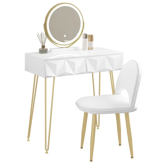 1SET Dresser Vanity Makeup Table Girls Women Dressing Table with 3-level Adjustable LED Mirror Velvet Chair for Bedroom Gift
