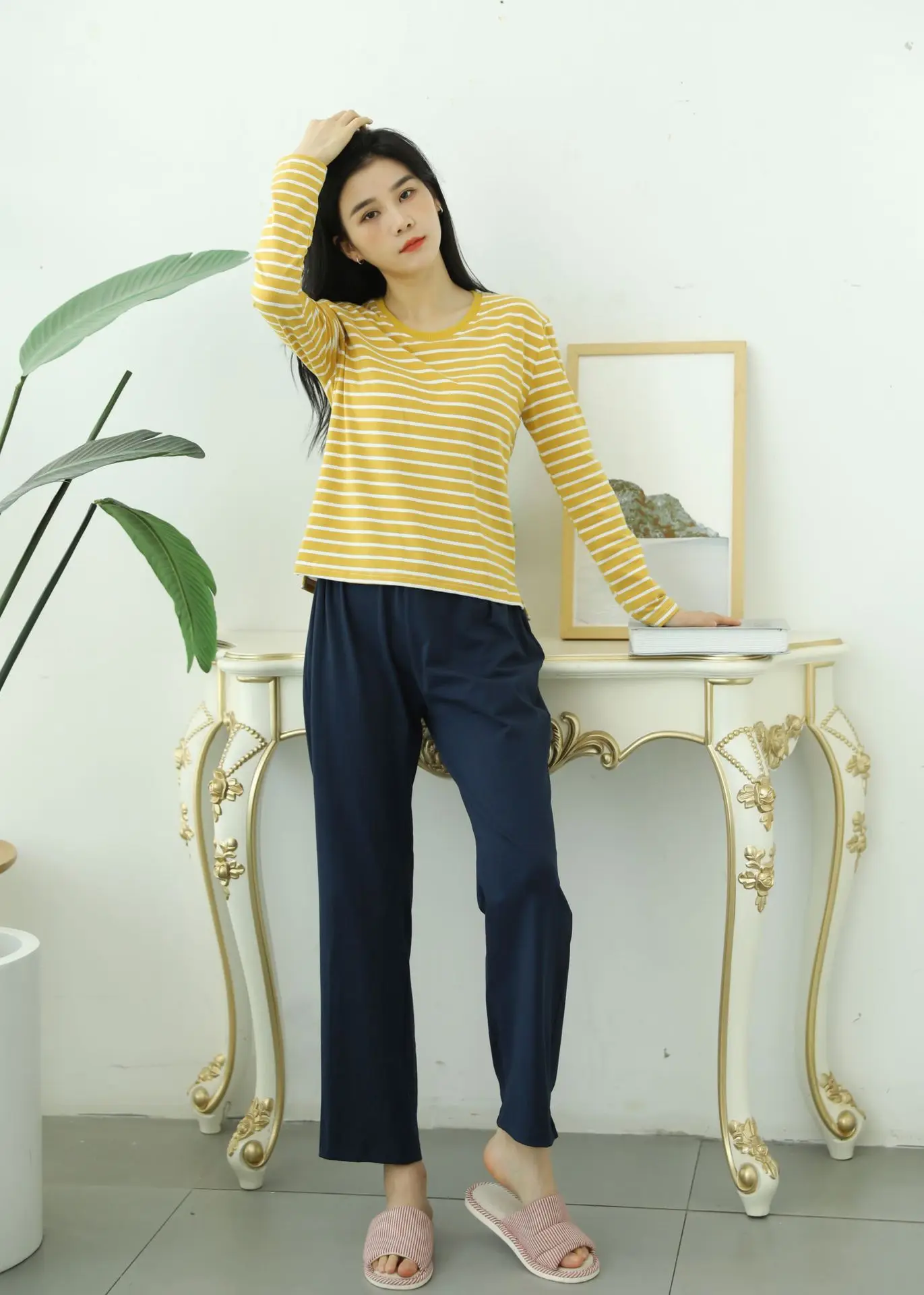 Baumwolle Streifen Brust Pad Nachtwäsche Set Langarm Einstellbare Split Hosen Außerhalb Anzug Casual Hause Kleidung Frauen Pyjamas – Detail 15