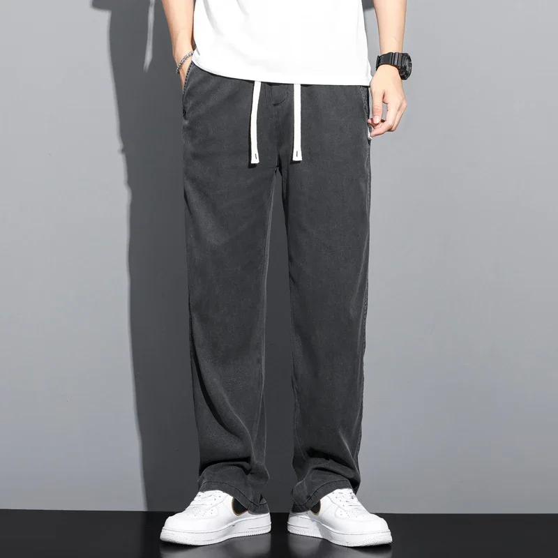 S-5XL 6 스타일, 남성용 루즈 청바지 여름 소프트 리오 셀 얇은 패브릭 스트레이트 팬츠 드로우 스트링 신축성 허리 한국 캐주얼 바지, Y2K