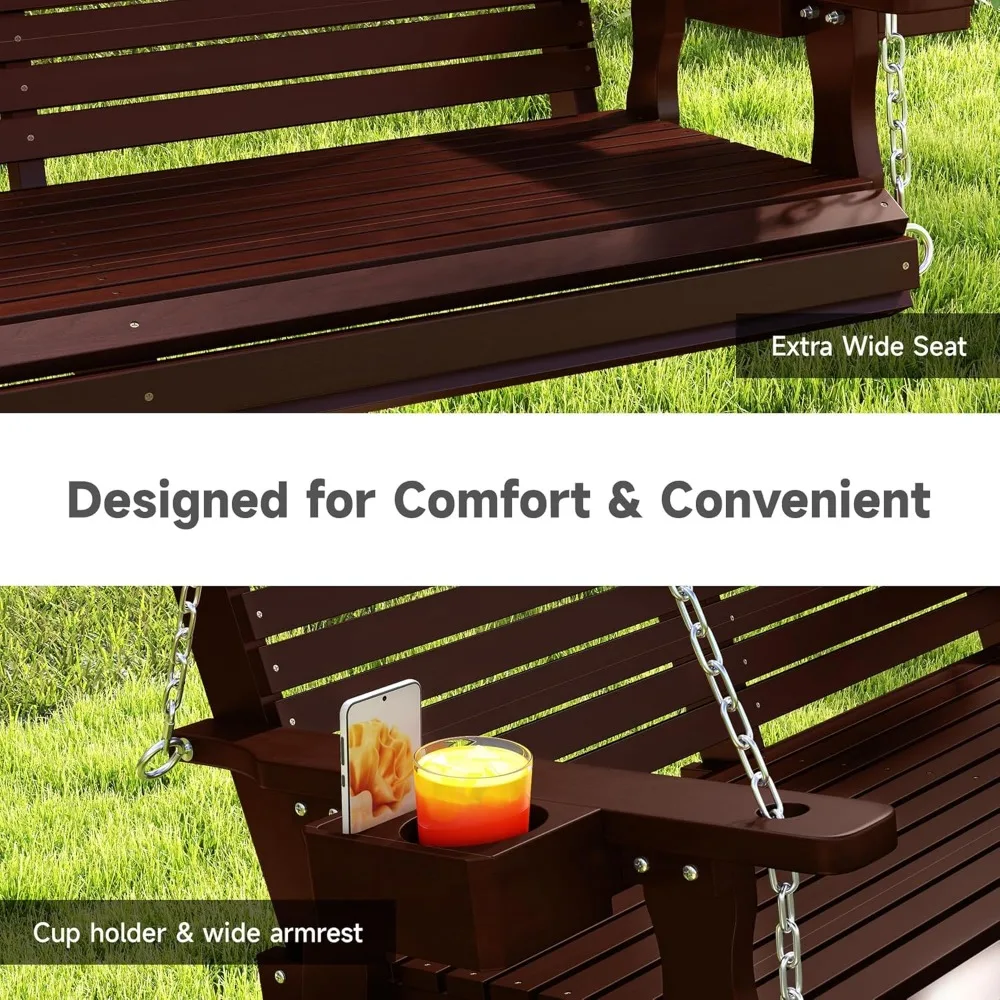 Front Porch Swing,  Wooden Upgraded 3 Person Seat Bench Swing Hanging Chair with Cup Holders 4