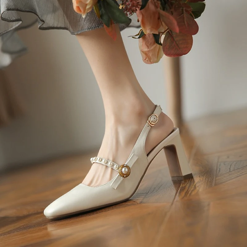 Women Wedding Shoes High Heels Pearls Slingbacks String Bead Sandals Ladies Square Toe Mary Janes Dress Shoes Sandalias Mujer