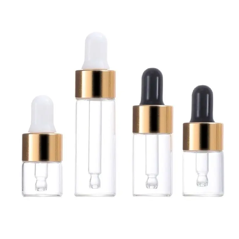 

1ml 2ml 3ml 5ml Gold Lid Clear Glass Pipette Essential Oil Bottle Empty Mini Essence Emulsion Sample Refillable Vials 100pcs