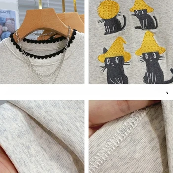 2025 الصيف لطيف القط المطرزة تي شيرتات قصيرة الاكمام المرأة عادية فضفاض س الرقبة تي شيرتات قطن جديد شيك الكرتون الطباعة القمم 6