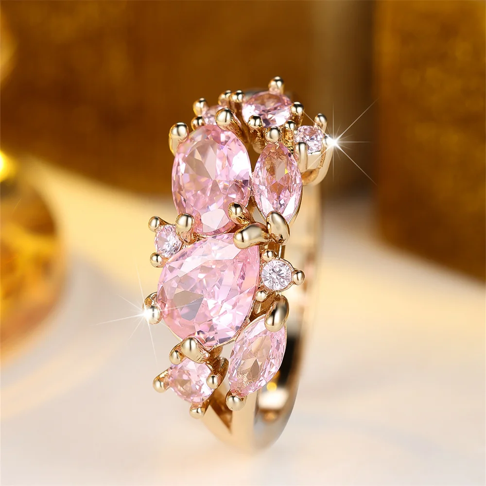 Elegant Pink Zircon Water Drop Stone Rings For Women Vintage Gold Color Engagement Ring Wedding Jewelry Bridal Versatile Gifts
