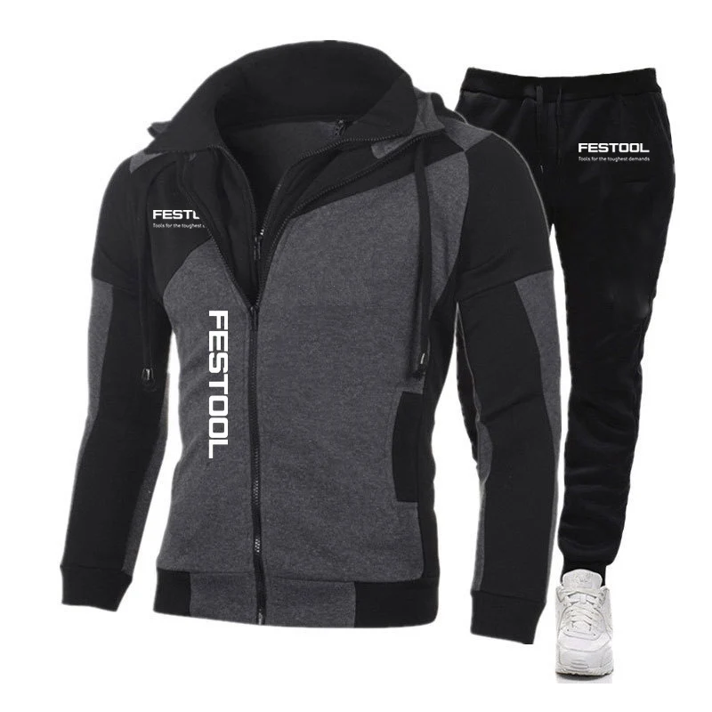 Festool 2023 Men New Spring and Autumn Casual Comfortable Color Matching Diagonal Zipper Fashion Hoodie+Pant Suit