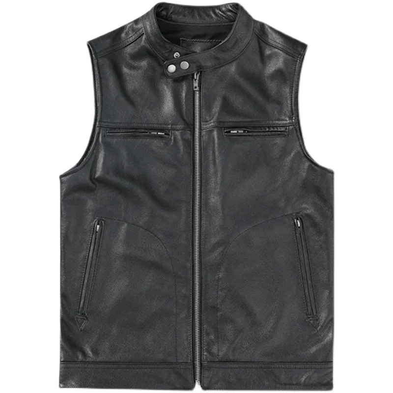 

Black Genuine Cowhide Leather Vest Men Vests Slim Fit Veste Homme Motorcycle Biker Waistcoat Мотоцикл