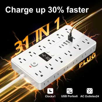 31 in 1 multifunctional socket with time display, three sided multi hole socket, 24 standard sockets, 6 USB ports, 2 USB-C ports