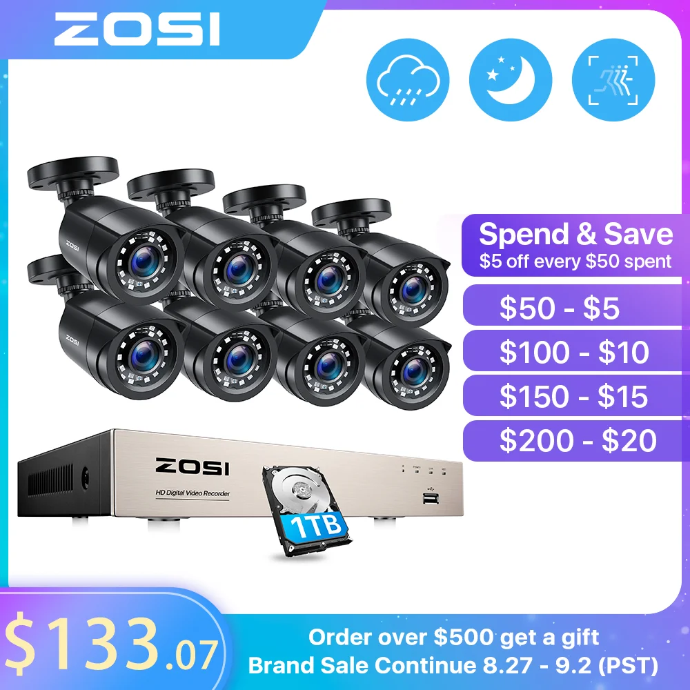 Kit Surveillance ZOSI 8CH 1080P H.265+ – 4 Caméras Bullet – 1To – Vision Nocturne 20m – Neuf