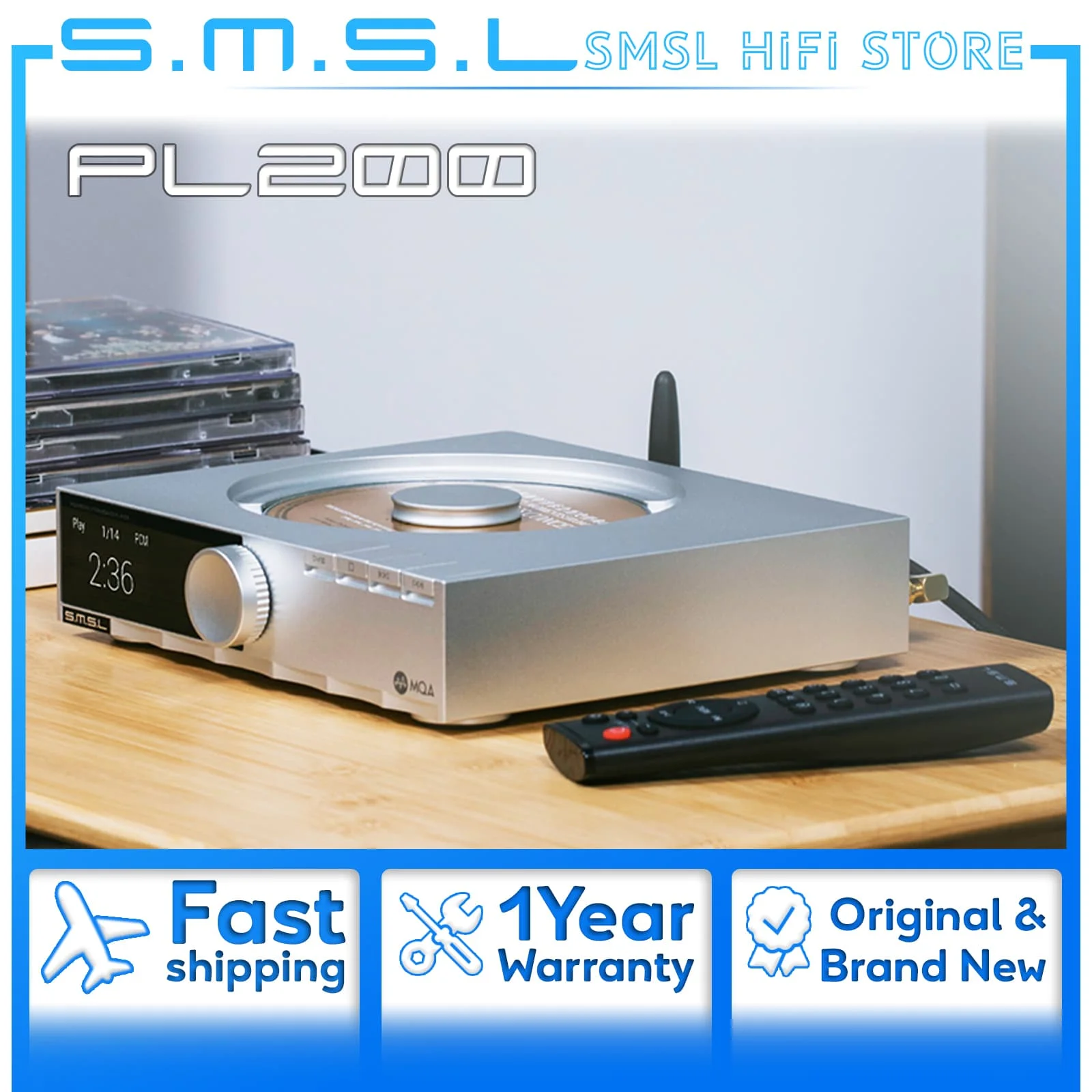 SMSL PL200 고해상도 클래스 CD 플레이어 디지털 오디오 MQA DAC AK4499EX Bluetooth 1000mW/32Ω 동축 광 출력(원격 제어 포함)