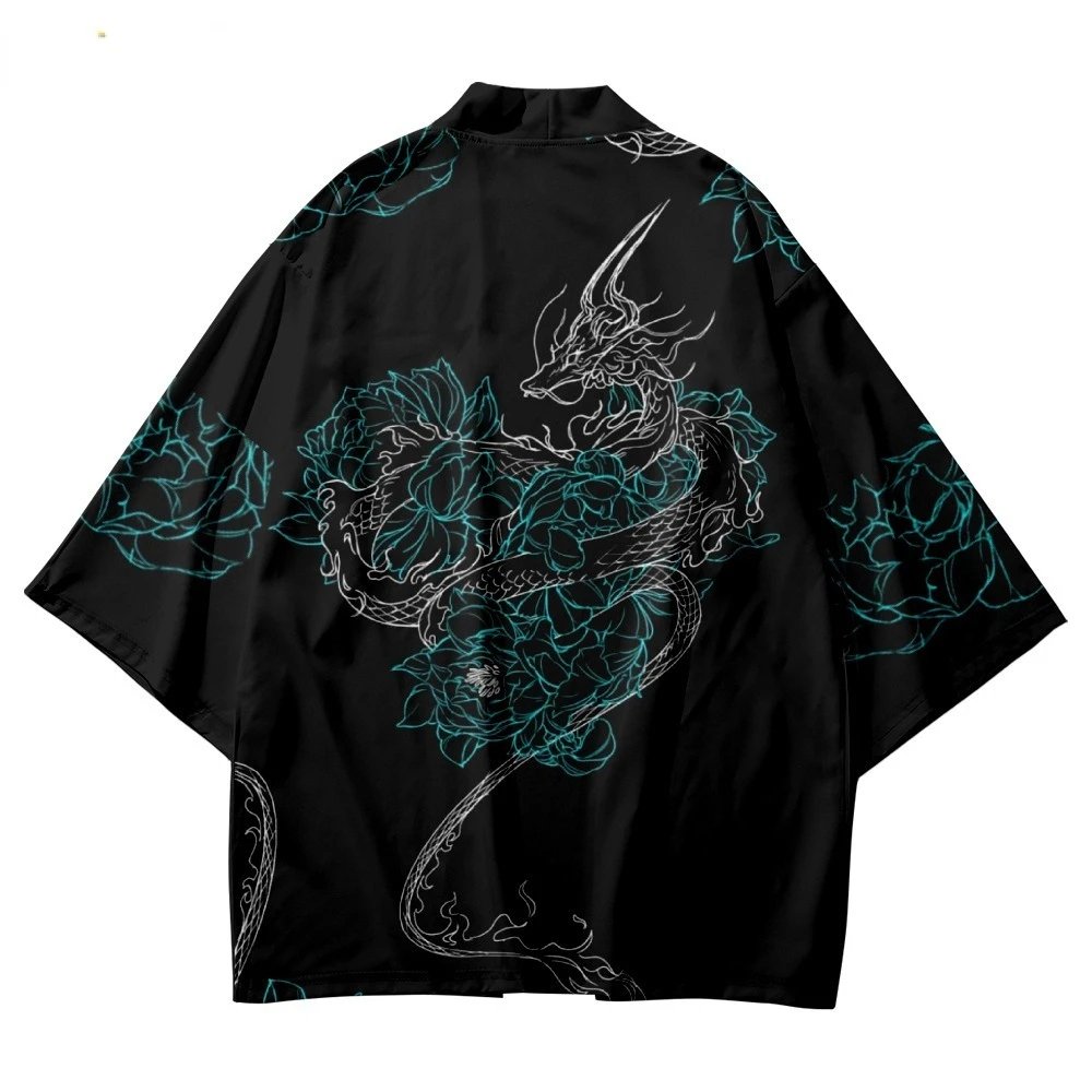 

2022 Fashion Dragon Print Black Kimono Japanese Streetwear Men Women Cardigan Cosplay Shirts Harajuku Traditional Haori