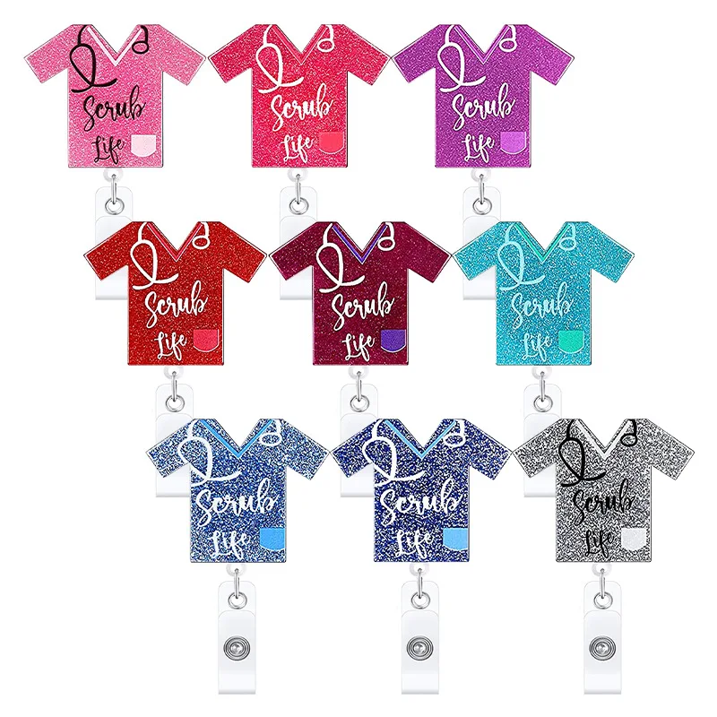 

Wholesale 9pcs/lot Cartoon Glitter Quicksand Acrylic Stethoscope Nurse Short Sleeve Retractable Rotation Clip ID Buckle